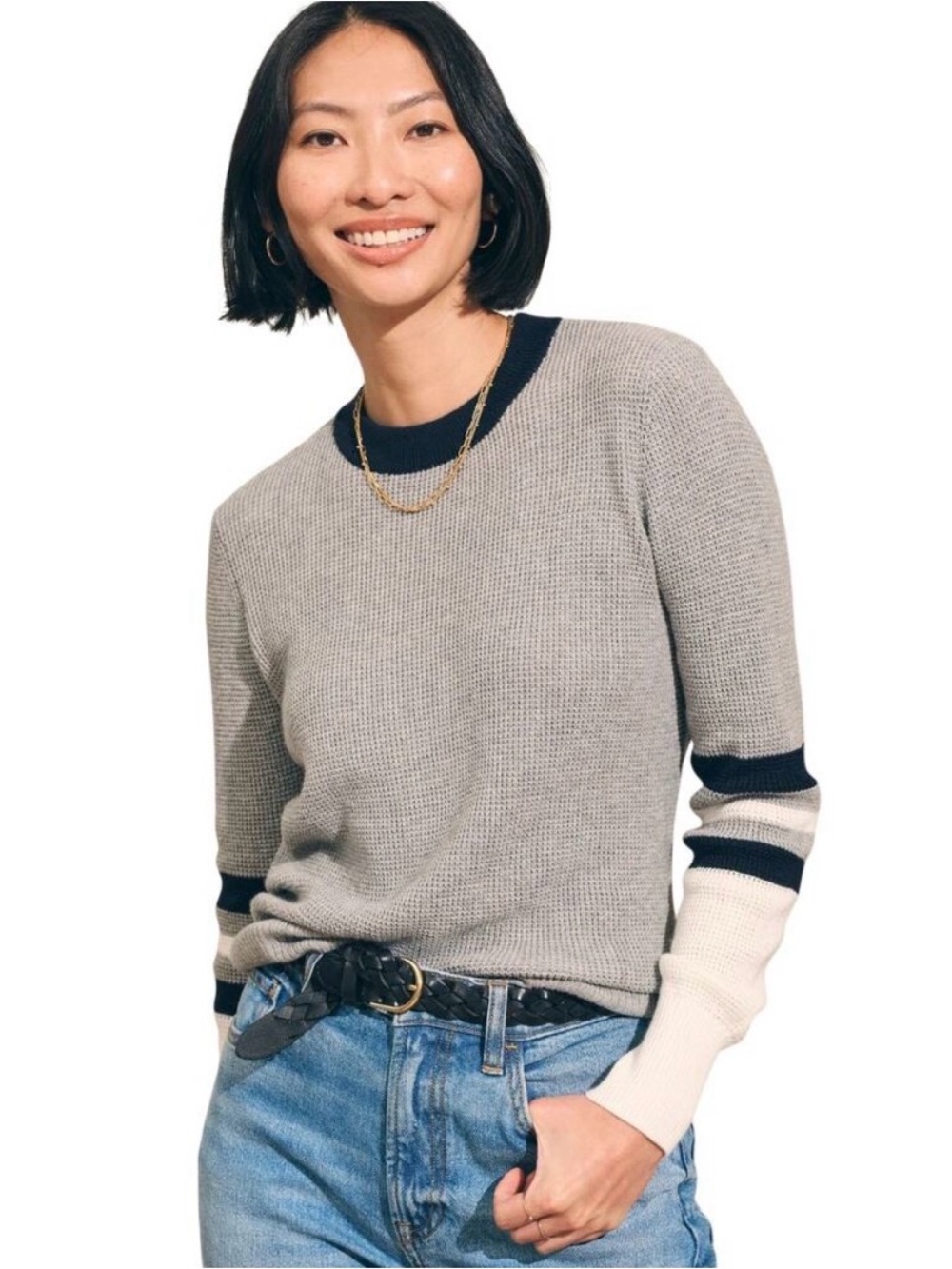Faherty Gray Waffle-Knit Crewneck Sweater with Navy & Cream Trim